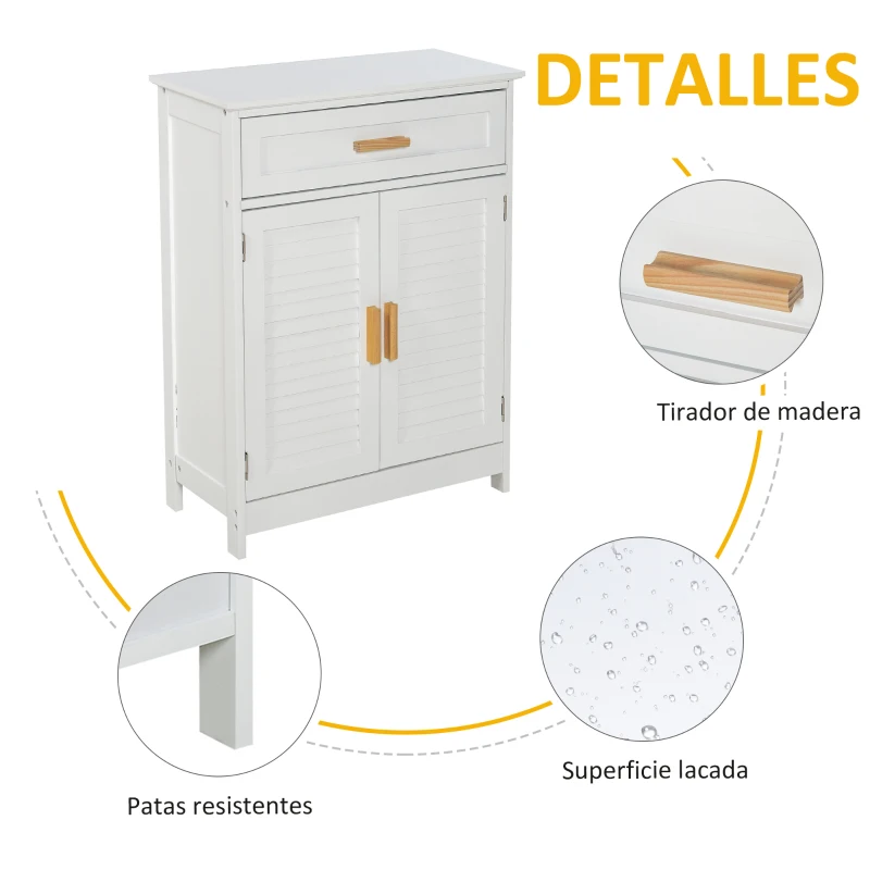 kleankin Armario Auxiliar para Baño Mueble Organizador Multifuncional con Cajón Estante Ajustable Interno 2 Puertas de Persianas Estilo Elegante 59x29x80 cm Blanco