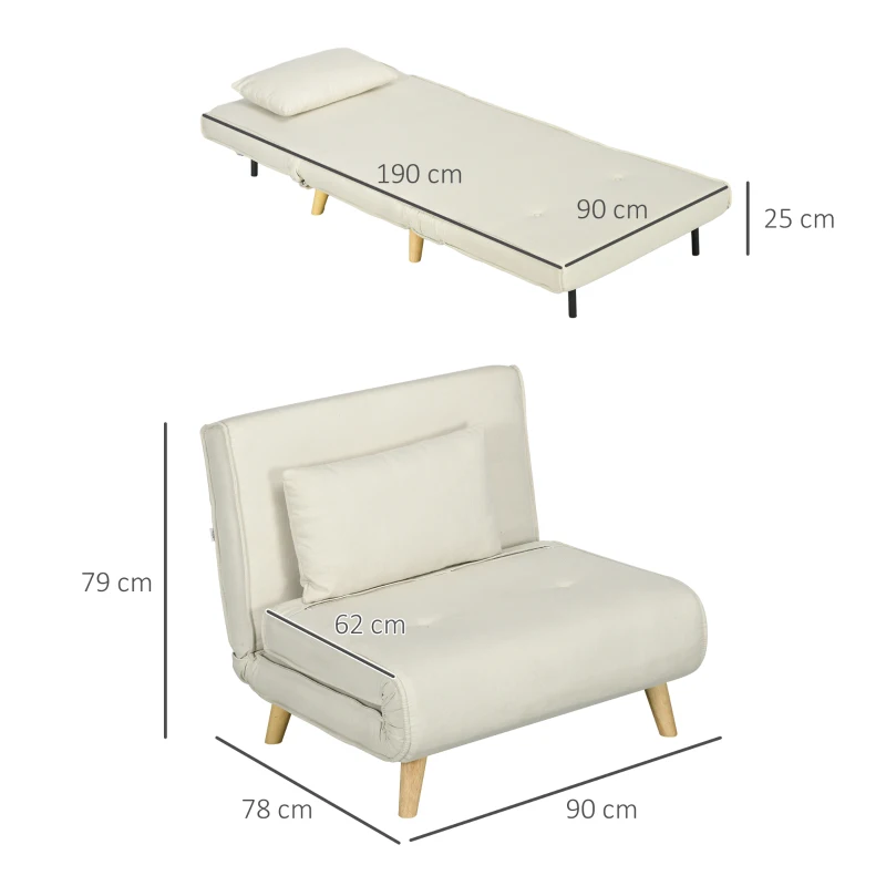 HOMCOM Poltrona 2 em 1 Sofá Cama Individual Dobrável com Encosto Ajustável e Almofada Carga 125 kg 90x78x79 cm Bege
