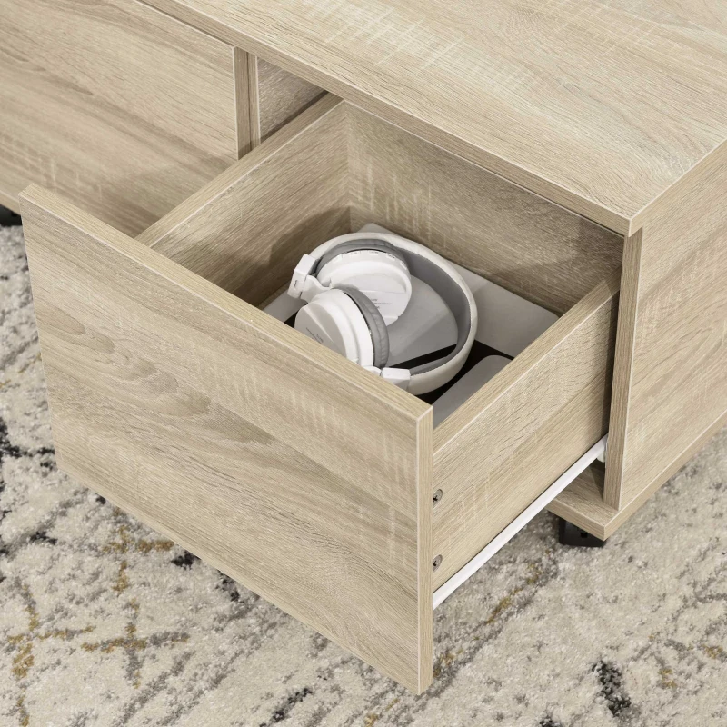 HOMCOM Mesa de Centro con Ruedas Mesa Baja de Salón con 2 Estantes Abiertos y 2 Cajones de Almacenaje 70x70x35 cm Natural