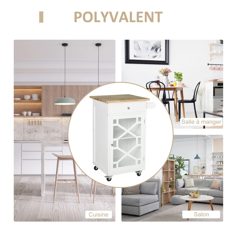HOMCOM Chariot de service - desserte de cuisine à roulettes - tiroir, placard, porte-serviette - dim. 63L x 45l x 86H cm - structure en bois blanc