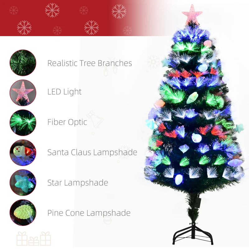 HOMCOM 5FT Pre-Lit Artificial Christmas Tree w/ Fibre Optic Baubles Fitted Star LED Light Holiday Home Xmas Decoration-Green