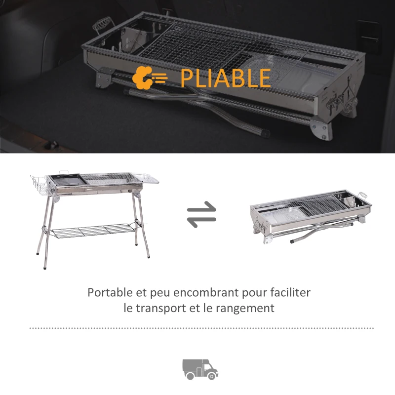 Outsunny Barbecue à Charbon Pliable Portable BBQ Grill sur Pied avec étagères + Grille + Plaque Cuisson dim. 104L x 33l x 70H cm Acier INOX.