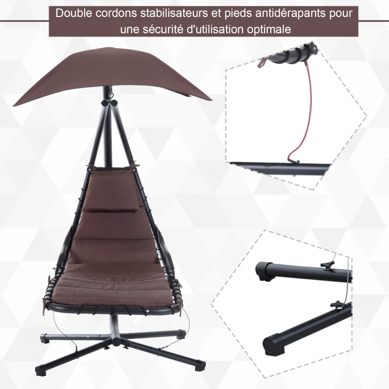 Outsunny Bain de Soleil transat Suspendu Chaise Suspendu Extérieur avec Pare-Soleil et Matelas Design Contemporain 194L x 117l x 192H cm Acier Polyester Taupe Noir
