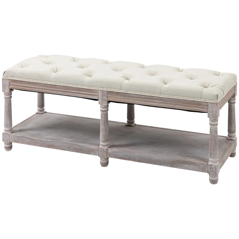 HOMCOM 2-Tier Bed End Bench, Vintage Stool, Wooden Window Seat with Storage Shelf, Button Tufted Upholstered Footstool for Living Room, Bedroom, Entryway, Cream White