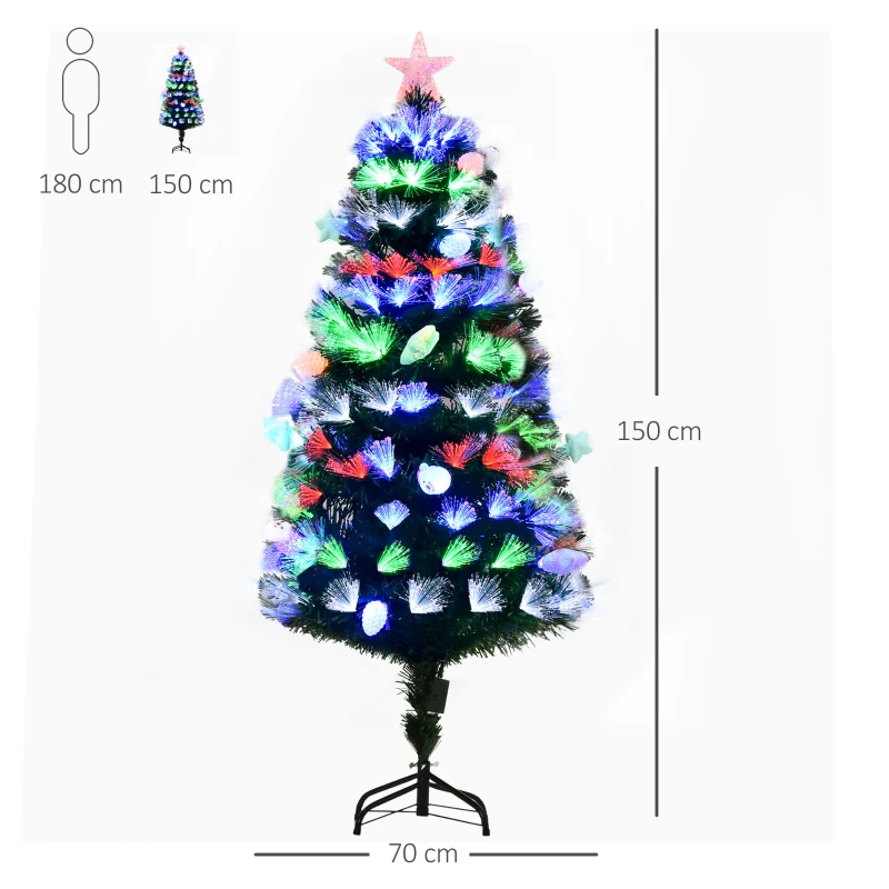 HOMCOM 5FT Pre-Lit Artificial Christmas Tree w/ Fibre Optic Baubles Fitted Star LED Light Holiday Home Xmas Decoration-Green