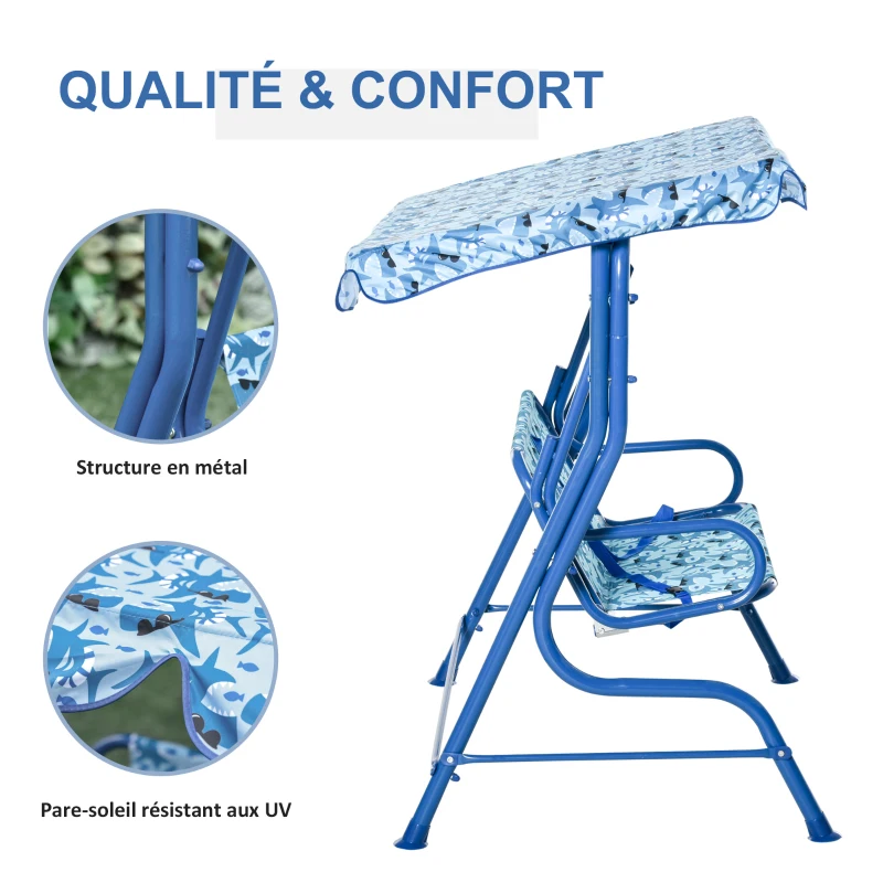 Outsunny Balancelle de Jardin 2 Places pour Enfants Ceintures sécurité réglables accoudoirs Pare-Soleil inclinable Motif Requin Bleu
