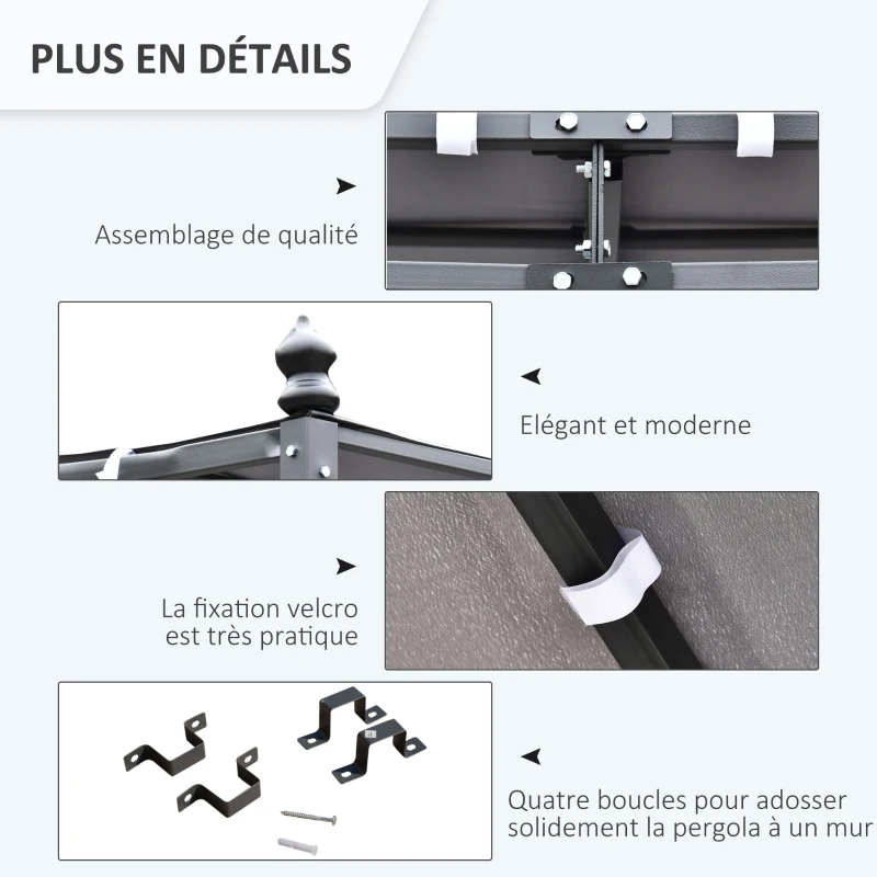 Outsunny Pergola tonnelle de jardin auvent 3 x 3 m adossable métal gris polyester imperméabilisé anti-UV gris