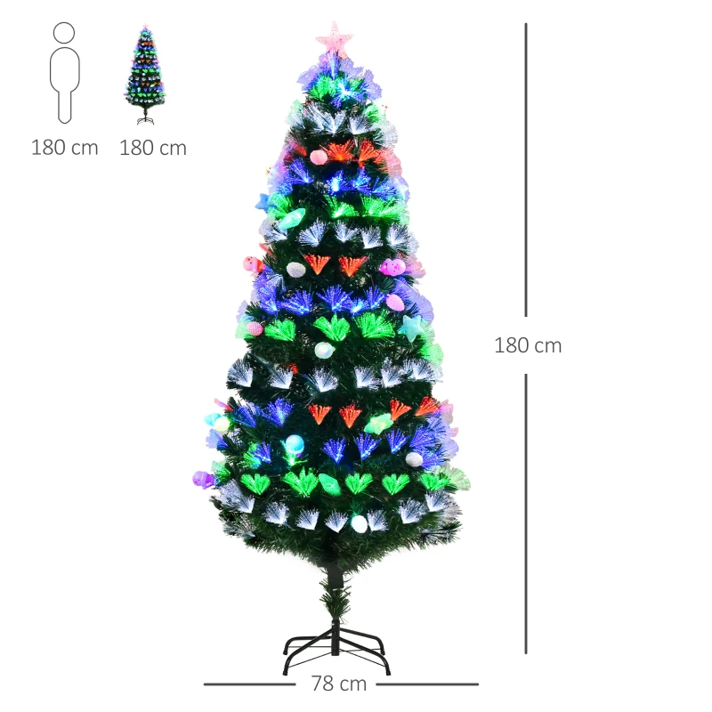 HOMCOM 6FT Pre-Lit Artificial Christmas Tree w/ Fibre Optic Baubles Fitted Star LED Light Holiday Home Xmas Decoration-Green