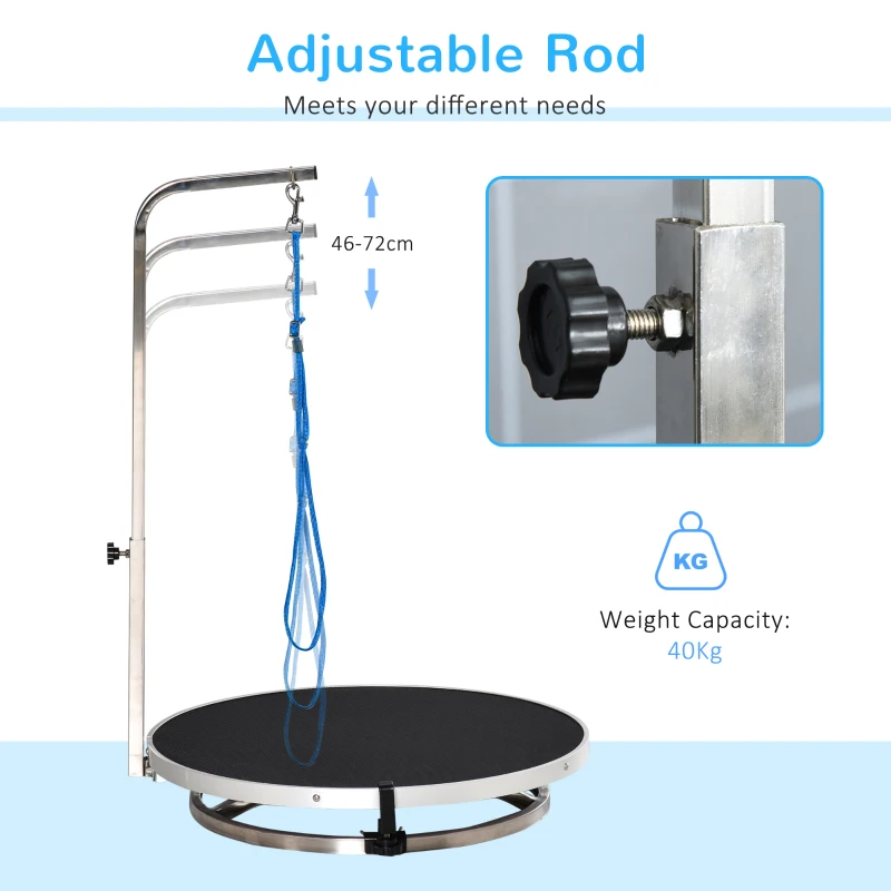 PawHut Round Pet Grooming Table Rotatable Dog Drying Table Adjustable Arm Stainless Steel Frame Safety Leash Φ55 cm Black