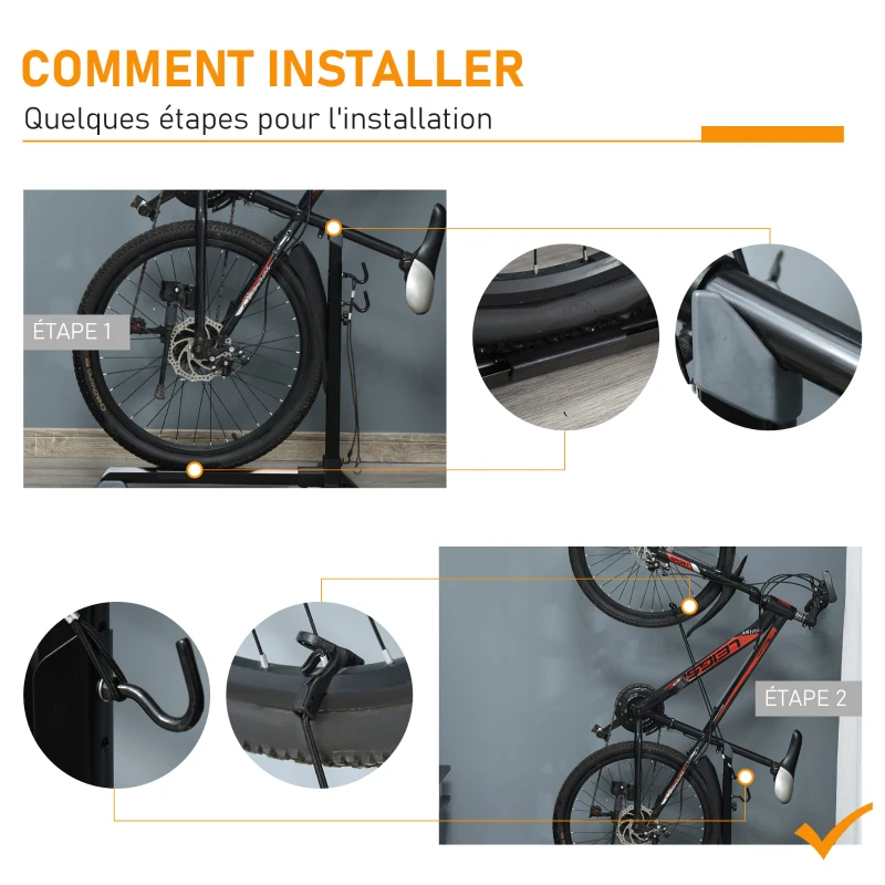 HOMCOM Râtelier vélo range vélo avec fixations hauteur réglable dim. 66L x 56I x 63-77,5H cm métal PP noir