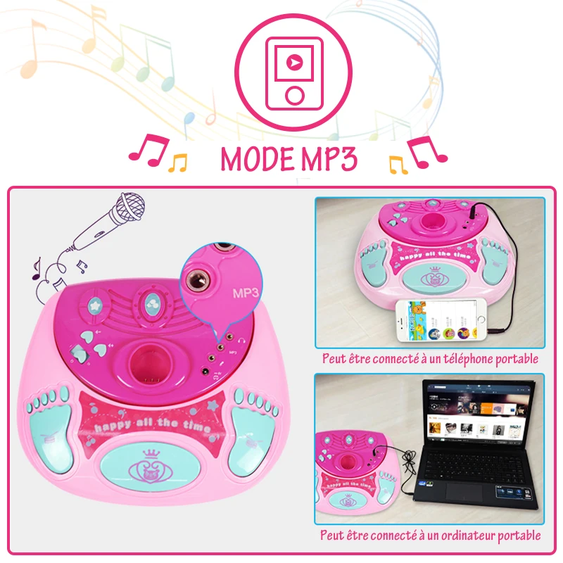 HOMCOM Micro sur Pied Micro karaoké Enfant Hauteur réglable 90-110 cm Interface MP3 Prise Casque Effets sonores Rose