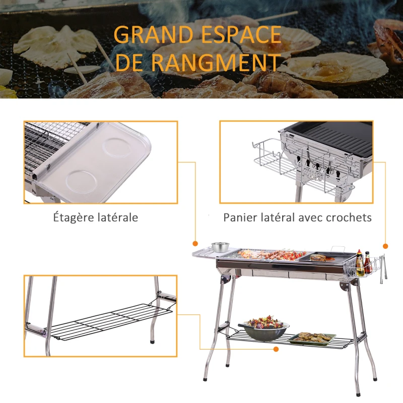 Outsunny Barbecue à Charbon Pliable Portable BBQ Grill sur Pied avec étagères + Grille + Plaque Cuisson dim. 104L x 33l x 70H cm Acier INOX.
