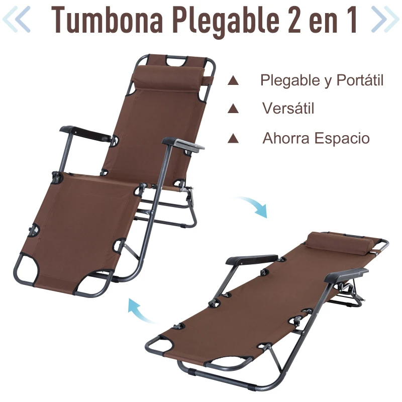 Outsunny Tumbona Relax Plegable con Respaldo Ajustable Reposabrazos Almohada y Reposapiés Carga 136 kg 135x60x89 cm Marrón