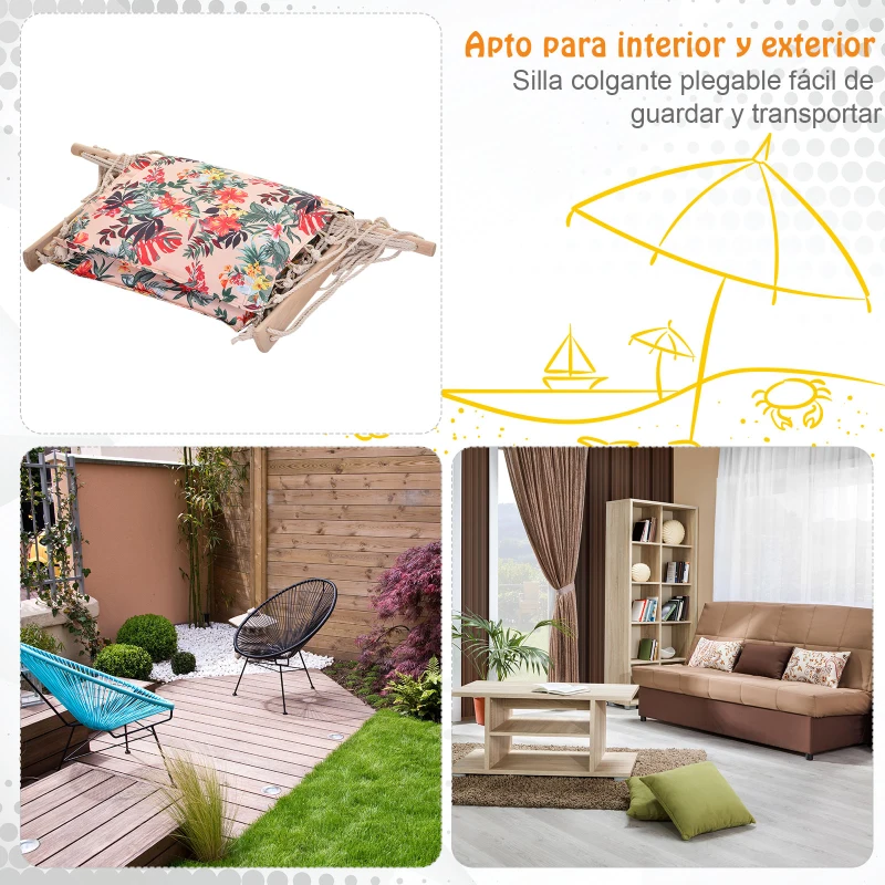 Outsunny Silla Colgante Estampado Floral Hamaca con Cojín Reposacabezas para Interior Exterior 100x106 cm Carga Máx. 100 kg
