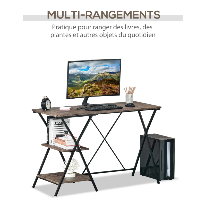 HOMCOM Bureau Informatique Design Industriel 2 étagères châssis piètement croisé métal Noir MDF Aspect Bois Brun