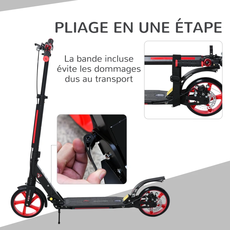 HOMCOM Trottinette pliable adulte béquille frein disque arrière double système d'absorption de choc hauteur guidon réglable 3 niv. alu. ABS rouge noir