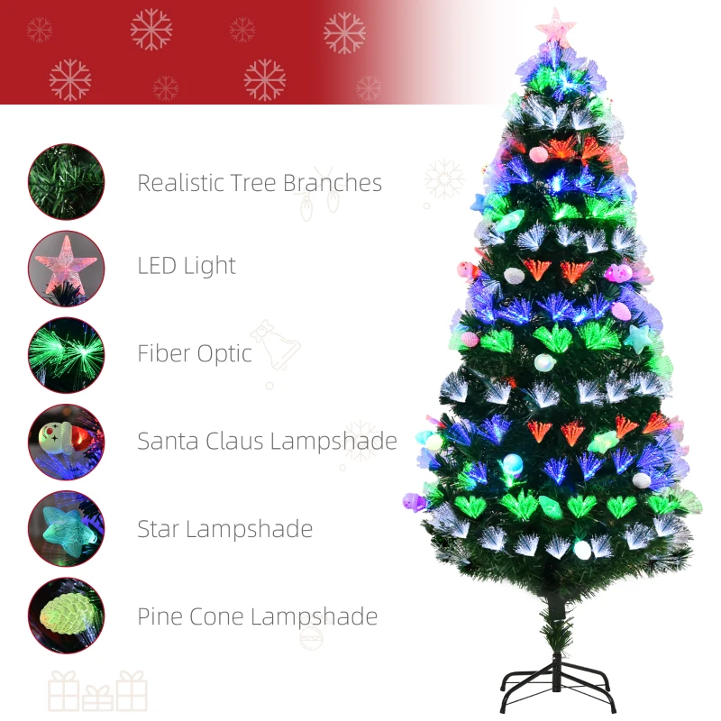 HOMCOM 6FT Pre-Lit Artificial Christmas Tree w/ Fibre Optic Baubles Fitted Star LED Light Holiday Home Xmas Decoration-Green