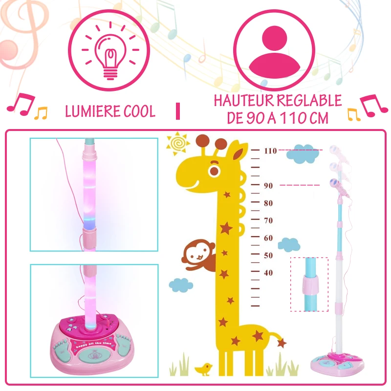 HOMCOM Micro sur Pied Micro karaoké Enfant Hauteur réglable 90-110 cm Interface MP3 Prise Casque Effets sonores Rose