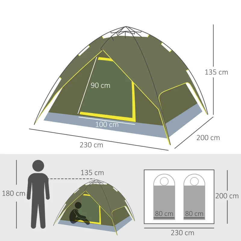 Outsunny Tente de camping 2 personnes double toit imperméable 2,3 x 2 x 1,35 m vert kaki montage démontage facile + sac de transport fourni