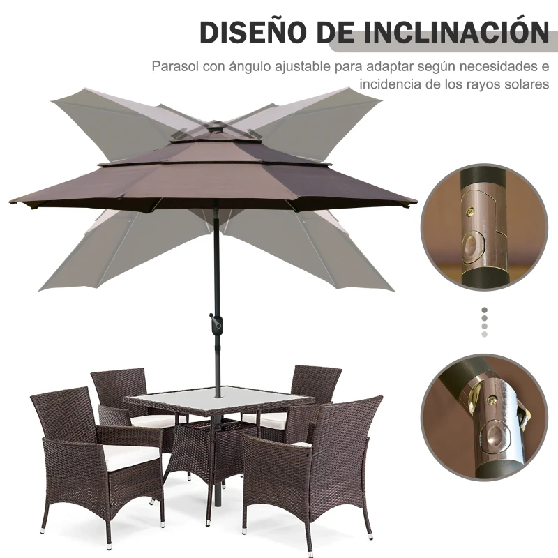 Outsunny Sombrilla de Jardín Ø300x250cm con Luces LED y Panel Solar Manivela Ángulo Ajustable en 3 Posiciones Parasol para Patio Terraza Piscina Café