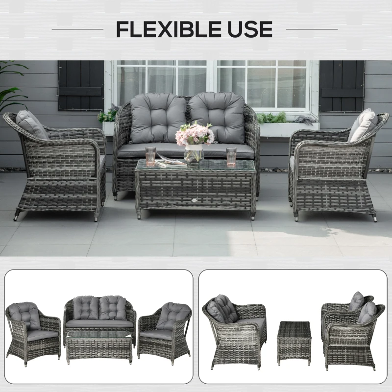 Outsunny 4 Pieces Outdoor PE Rattan Garden Furniture with Cushions, Aluminium Patio Wicker Conservatory Sofa Set with Glass Top Coffee Table, Mixed Grey