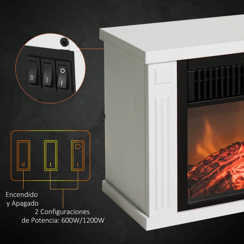 HOMCOM Chimenea Eléctrica 600/1200W Chimenea Decorativa de Mesa Chimenea Portátil con Efecto Llama Realista Protección Contra Sobrecalentamiento para 10-15 m² 34x17x25 cm Blanco
