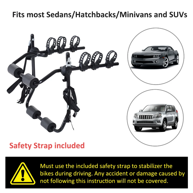 HOMCOM 3 Bike Rear Hitch Mount Carry Rack Car Truck Carrier w/Fix Strap - Black