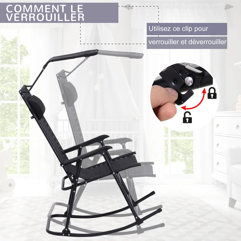 Outsunny Fauteuil à Bascule Rocking Chair Pliable de Jardin dim. 105L x 64l x 125H cm tétière + Pare-Soleil Inclus Acier époxy textilène Noir