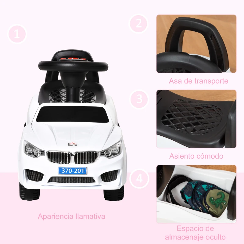 HOMCOM Coche Correpasillos para Niños de 18-36 Meses con Faros Música Bocina Volante Espacio de Almacenaje y Asa Blanco(m-6)