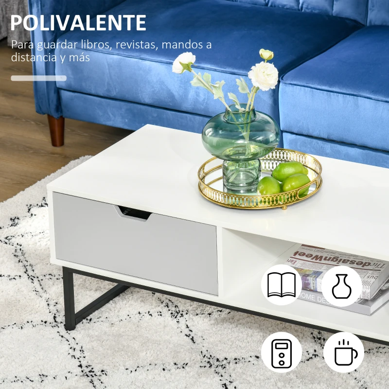 HOMCOM Mesa de Centro para Salón Moderna con Estante Abierto Cajón y Patas Elevadas Mesa Auxiliar para Sala de Estar Oficina 106x48x43 cm Blanco