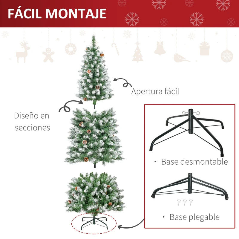 HOMCOM Árbol de Navidad 180 cm Árbol de Navidad Grande con 630 Puntas 37 Piñas Base Plegable y Soporte de Acero para Decoración de Interior Verde
