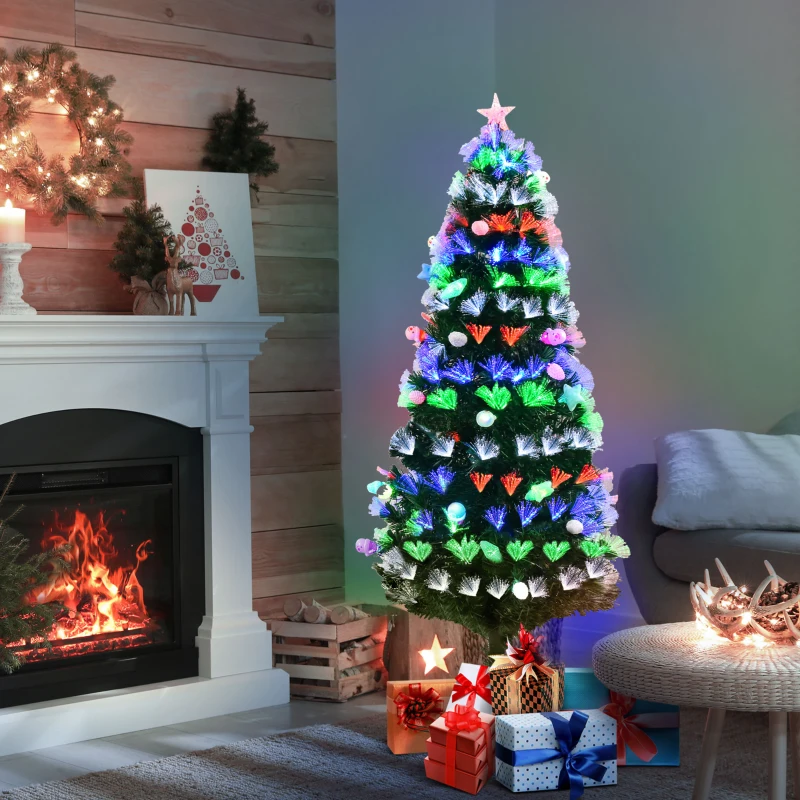HOMCOM 6FT Pre-Lit Artificial Christmas Tree w/ Fibre Optic Baubles Fitted Star LED Light Holiday Home Xmas Decoration-Green