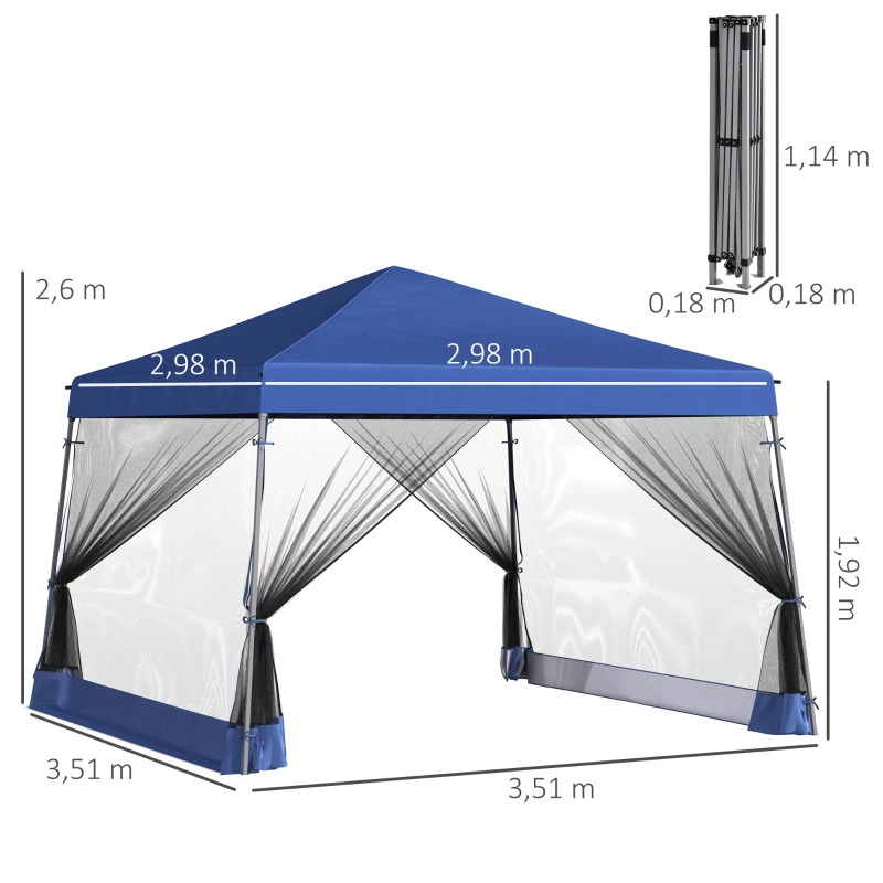 Outsunny Tonnelle 3 x 3 m barnum automatique pop-up 4 moustiquaires amovibles 2 zippées bleu