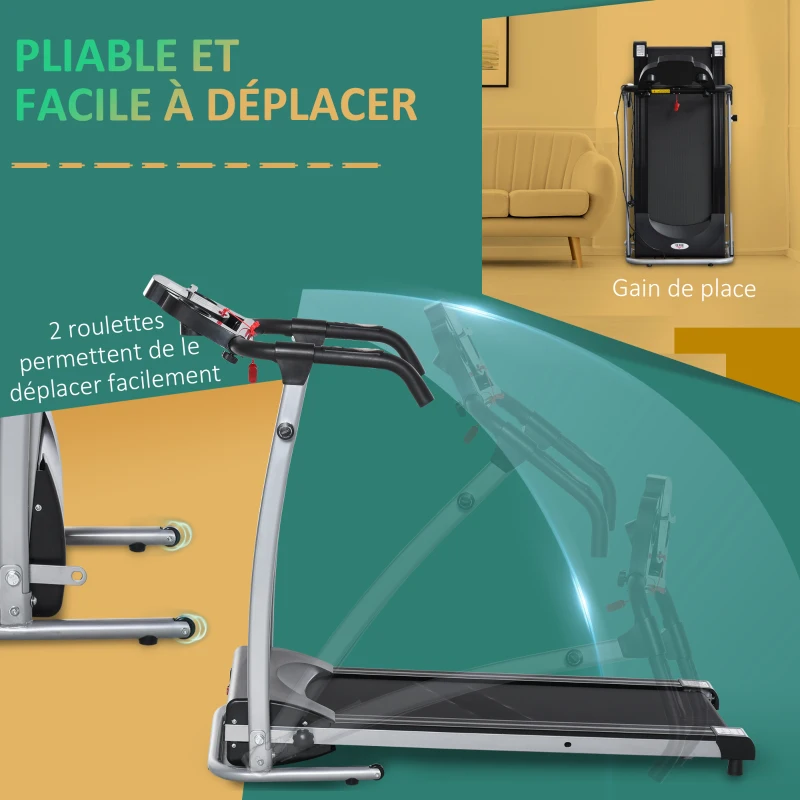 HOMCOM Tapis de course électrique pliant 440 W tapis roulant motorisé vitesse réglable 1-10 Km/H écran LCD multifonctions 12 programmes prédéfinis support iPad porte-gobelets châssis acier noir argent