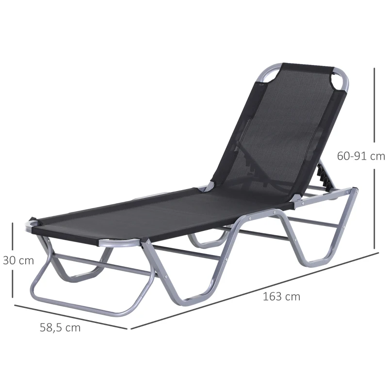Outsunny Tumbona de Jardín con Respaldo Ajustable en 5 Posiciones de Aluminio y Texteline para Terraza Patio Playa Piscina Exterior 163x58,5x91 cm Negro