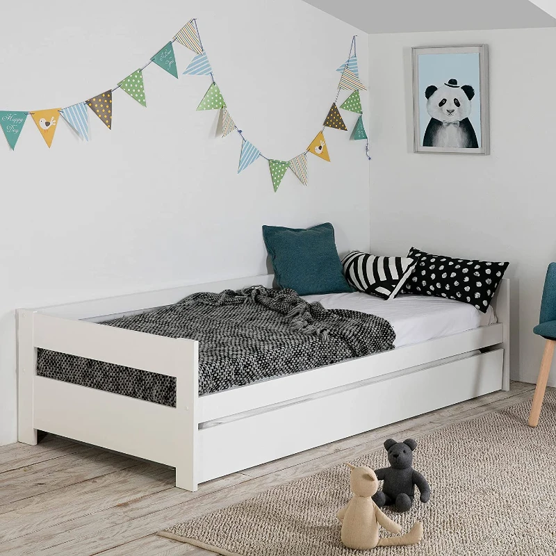 HOMCOM Lit gigogne Enfant 90 x 190 cm - Structure lit avec lit tiroir - sommiers à Lattes Inclus - Acier pin Massif MDF Classe E1 Blanc