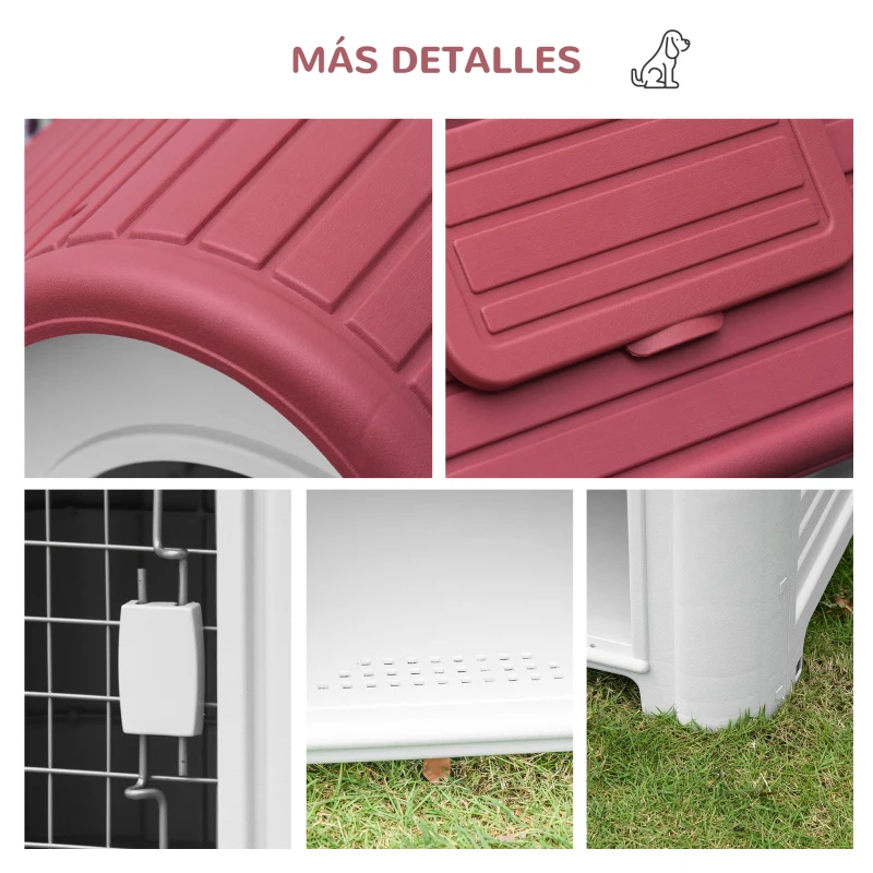 PawHut Caseta para Perro con Puerta Extraíble Base Elevada 3 Respiraderos y Ventana Abrible Caseta de Perros para Interior y Exterior 59x75x66 cm Gris Rojo