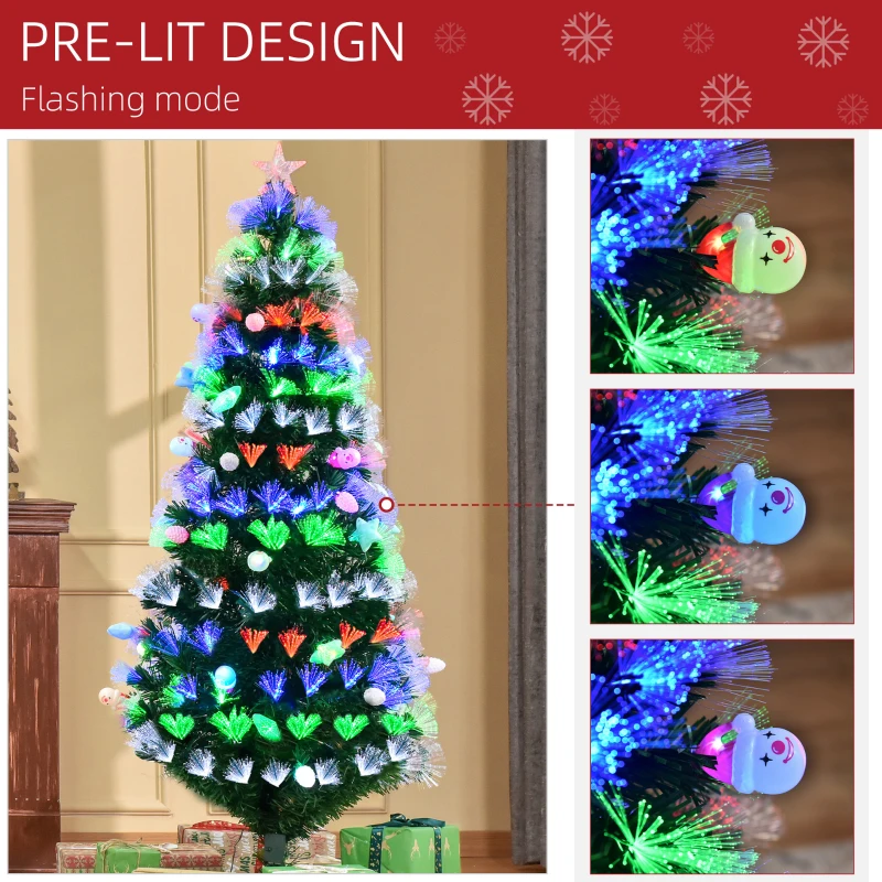HOMCOM 6FT Pre-Lit Artificial Christmas Tree w/ Fibre Optic Baubles Fitted Star LED Light Holiday Home Xmas Decoration-Green