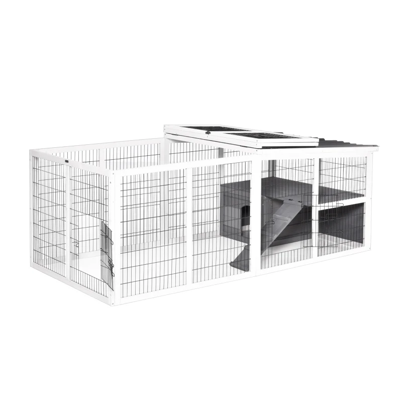 PawHut Rabbit Run Outdoor Rabbit Hutch Wooden Guinea Pig Cage with Openable Roof, Ramp, for 2-4 Rabbits, 200L x 100W x 75H cm - Grey