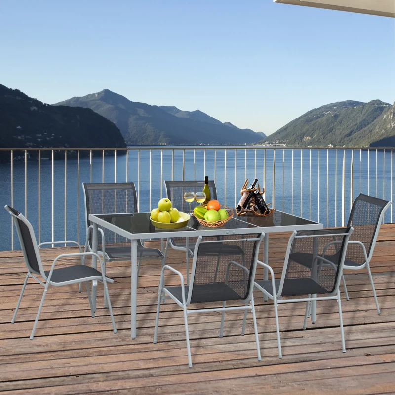 Outsunny Ensemble de jardin 6 pers. - table de jardin extérieure avec 6 chaises empilables plateau verre trempé 5 mm métal époxy gris textilène noir