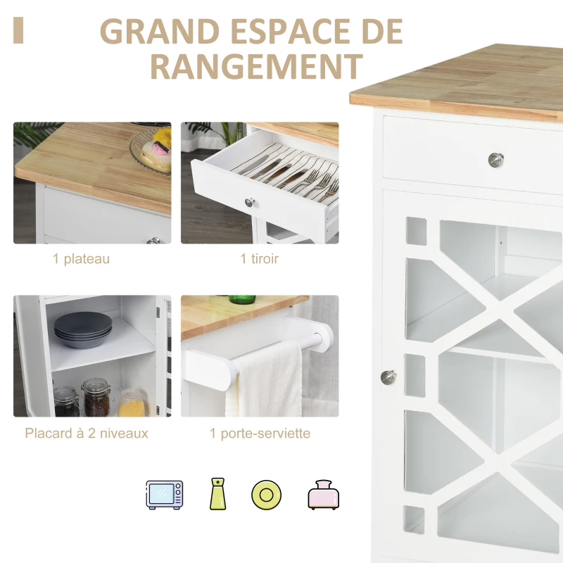 HOMCOM Chariot de service - desserte de cuisine à roulettes - tiroir, placard, porte-serviette - dim. 63L x 45l x 86H cm - structure en bois blanc