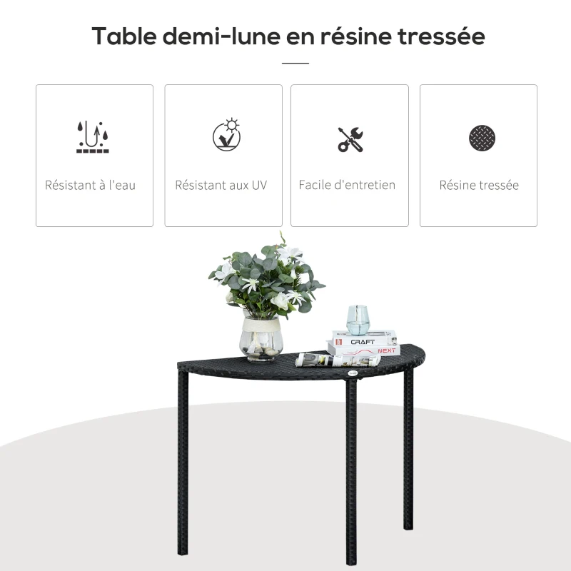 Outsunny Table de jardin demi cercle - table de balcon demi lune - dim. 100L x 50l x 74H cm résine tressée 4 fils imitation rotin noir