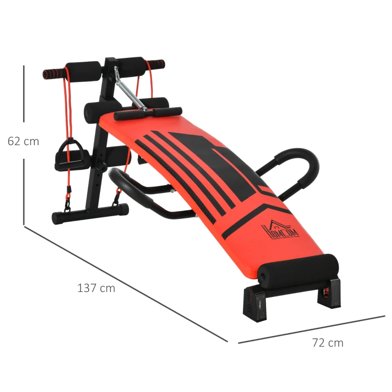HOMCOM Banc de musculation pliable multifonction appareil fitness sit-up abdo hauteur réglable amortisseurs + sangles élastiques acier revêtement synthétique 137 x 72 x 62 cm rouge noir