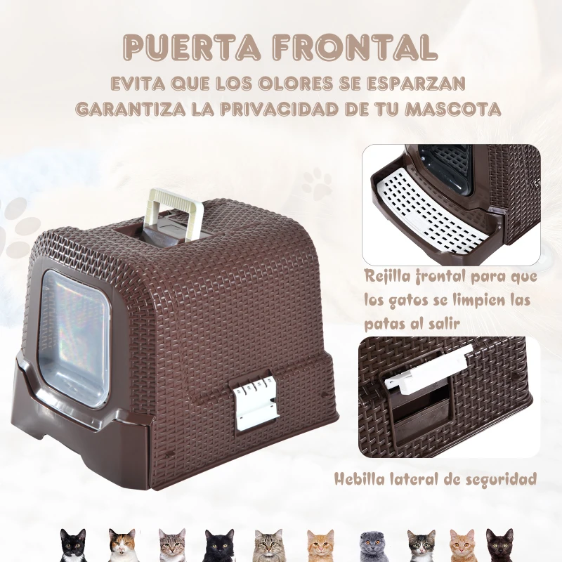 PawHut Arenero Gatos Portatil Cubierto 54x42x41cm Aseo Puerta Basculante Cafe NUEVO