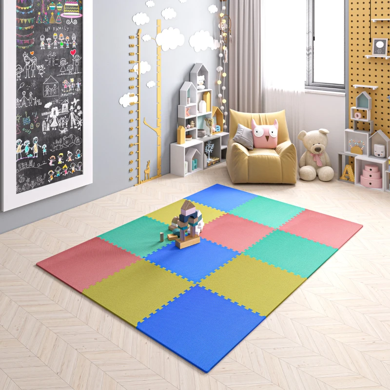 HOMCOM Tapis de Sol en Mousse Tapis Puzzle interconnectables dim. 63L x 63l x 1H cm 12 pièces Grande Surface 4,32 m² Multicolore