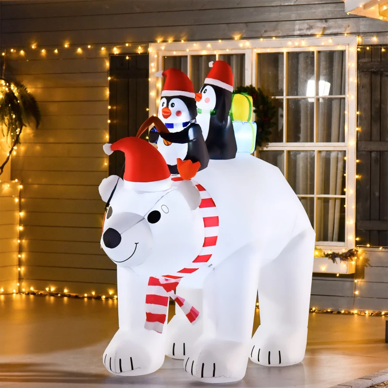 HOMCOM Ours Polaire Gonflable de Noël avec Lumières LED 206cm Décoration Gonflable de Noël Imperméable avec 2 Pingouins