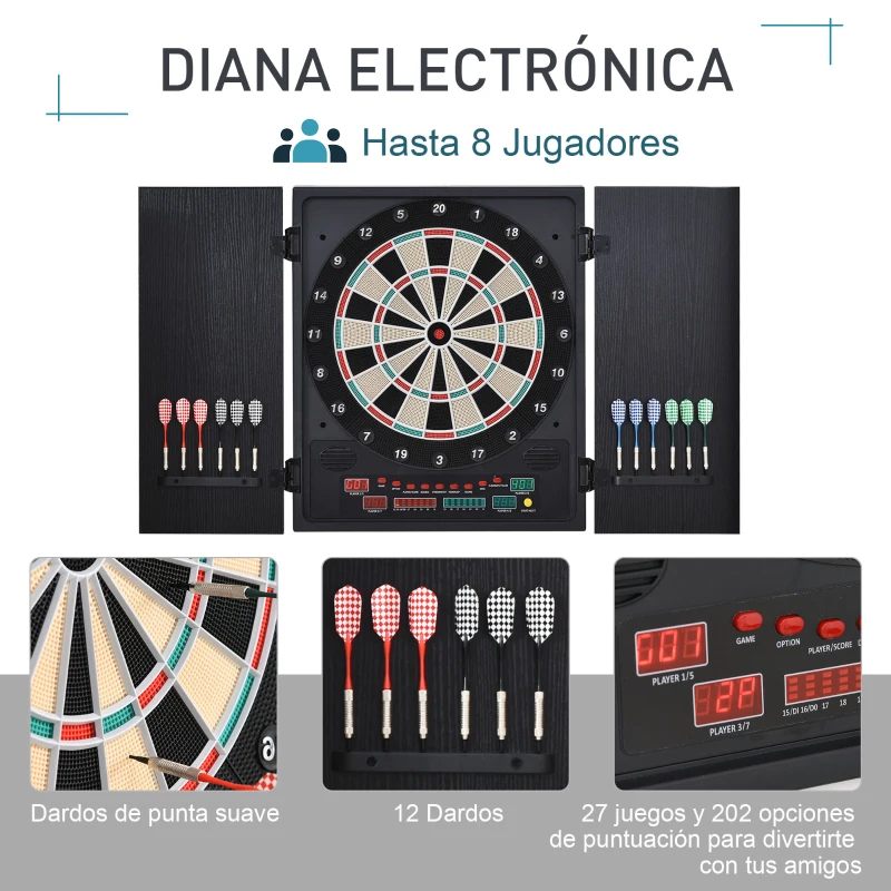HOMCOM Diana Electrónica Digital hasta 8 Jugadores con 12 Dardos y 30 Puntas con Pantalla LED Puertas 27 Juegos Distintos y 202 Variantes 51x6,5x57 cm Negro