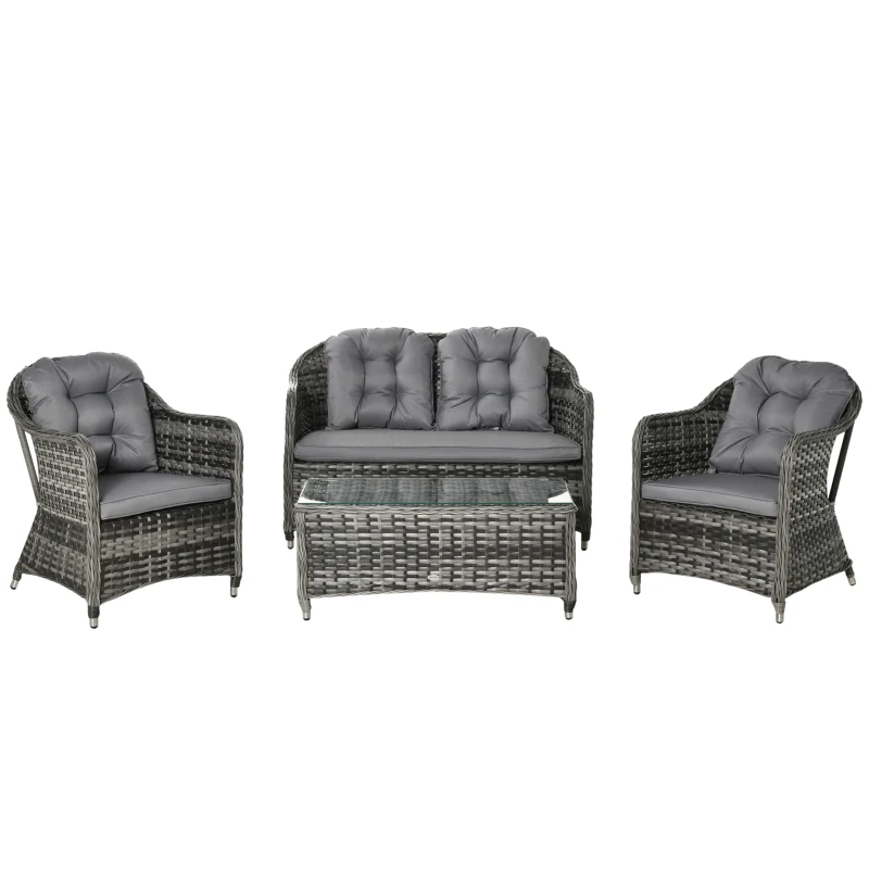 Outsunny 4 Pieces Outdoor PE Rattan Garden Furniture with Cushions, Aluminium Patio Wicker Conservatory Sofa Set with Glass Top Coffee Table, Mixed Grey