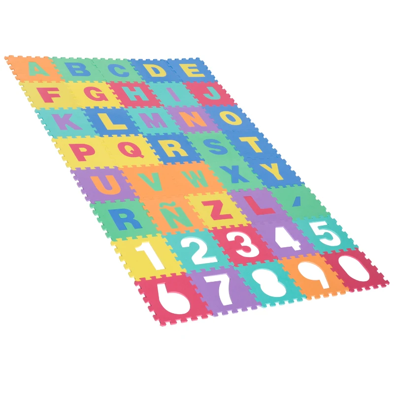 HOMCOM Alfombra Puzzle Infantil 40 Piezas de 31x31x1cm Juego Rompecabezas con 29 Letras Acento y Números 0 al 9 Colchoneta Suave para Niños 3,6 m² Espuma EVA