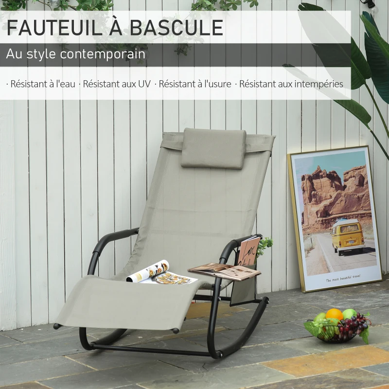 Outsunny Chaise Longue à Bascule - Rocking Chair Ergonomique - tétière Amovible, accoudoirs, Pochette Rangement - métal époxy textilène Gris Clair